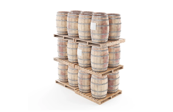 Barrels of bonded liquor stacked on pallets